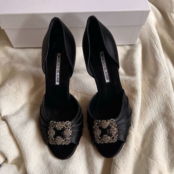 Manolo Blahnik Cassiado d'Orsay Crystal Pump Open Toe 90 mm Black Satin 36 NEW - Picture 2 of 13